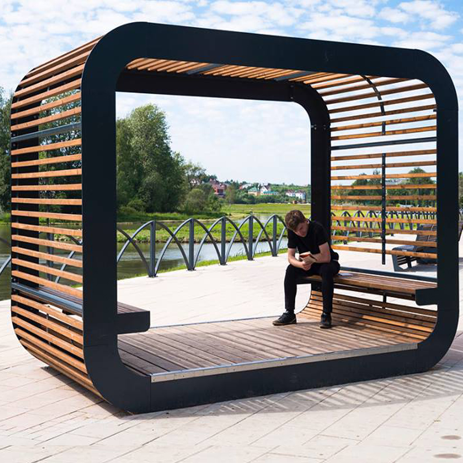 Фотография товара Пергола со скамейкой из металла и дерева квадратной формы